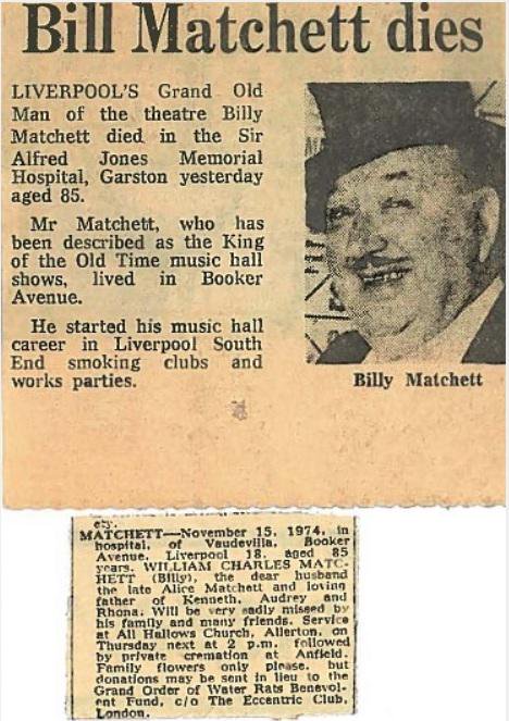 Liverpool Echo obituary, November 1974: 'Bill Matchett dies' with photograph and death notice